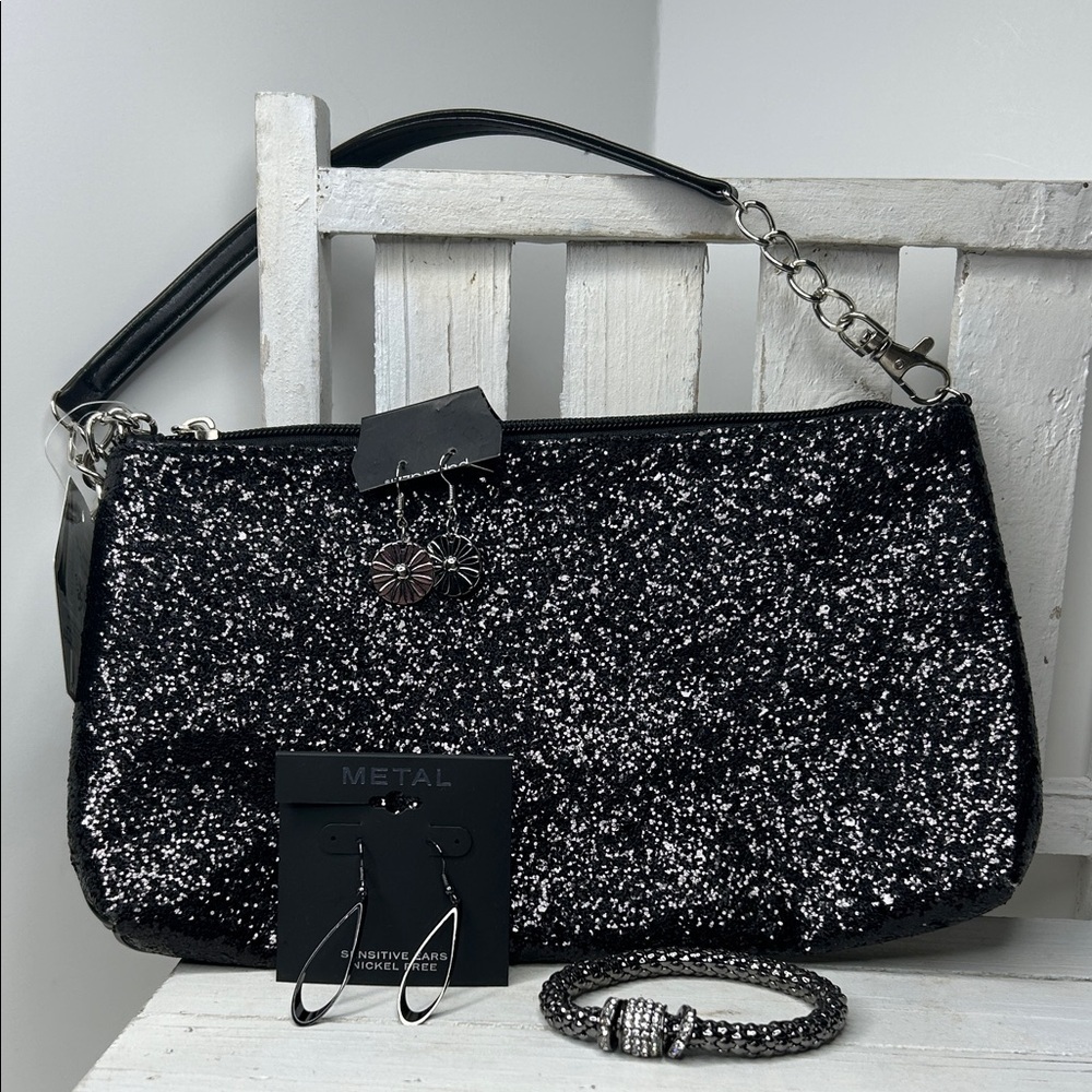 Elegant Black Glitter Convertible Clutch with Two Sets of Earrings & a Brace